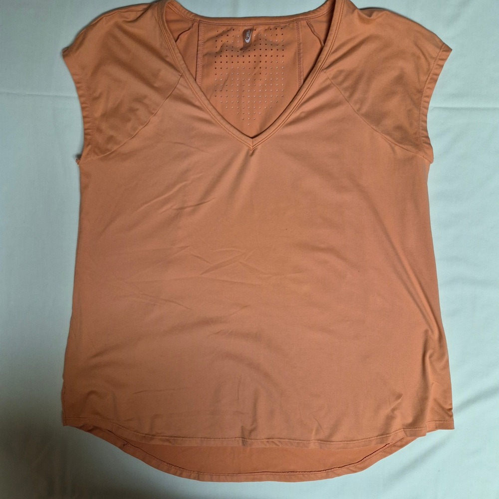 MTA‎ Sport Womens Large Peach V-Neck Cap Sleeve Laser Cut Performance Active Top